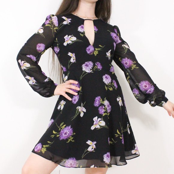 *Forever 21 Black & Purple Floral Print Regular Fit A Line Dress - Picture 5 of 10